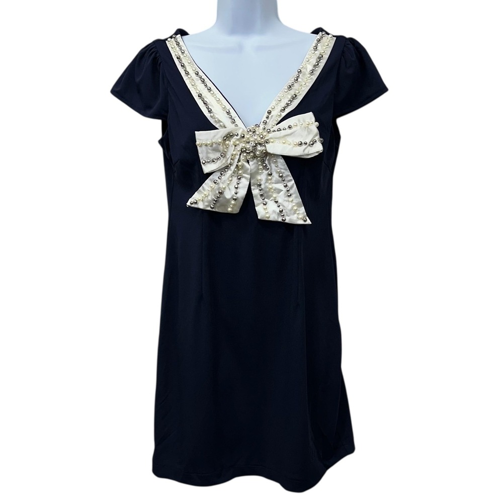NWT GiGi Generation Dress Womens XL Navy Beaded Bow Mini Party Cocktail 7041